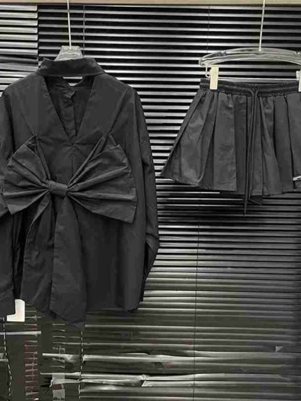 Black Bow Shirt & Pleated Skirt Set